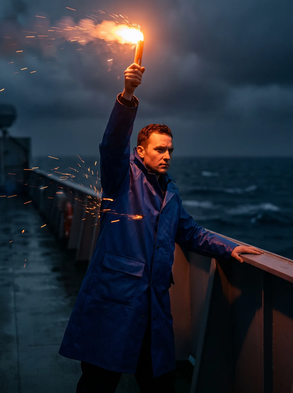 A signal officer in a cobalt-blue oilskin coat on a ship's deck at dusk, holding a burning orange flare overhead as sparks streak sideways in the wind.