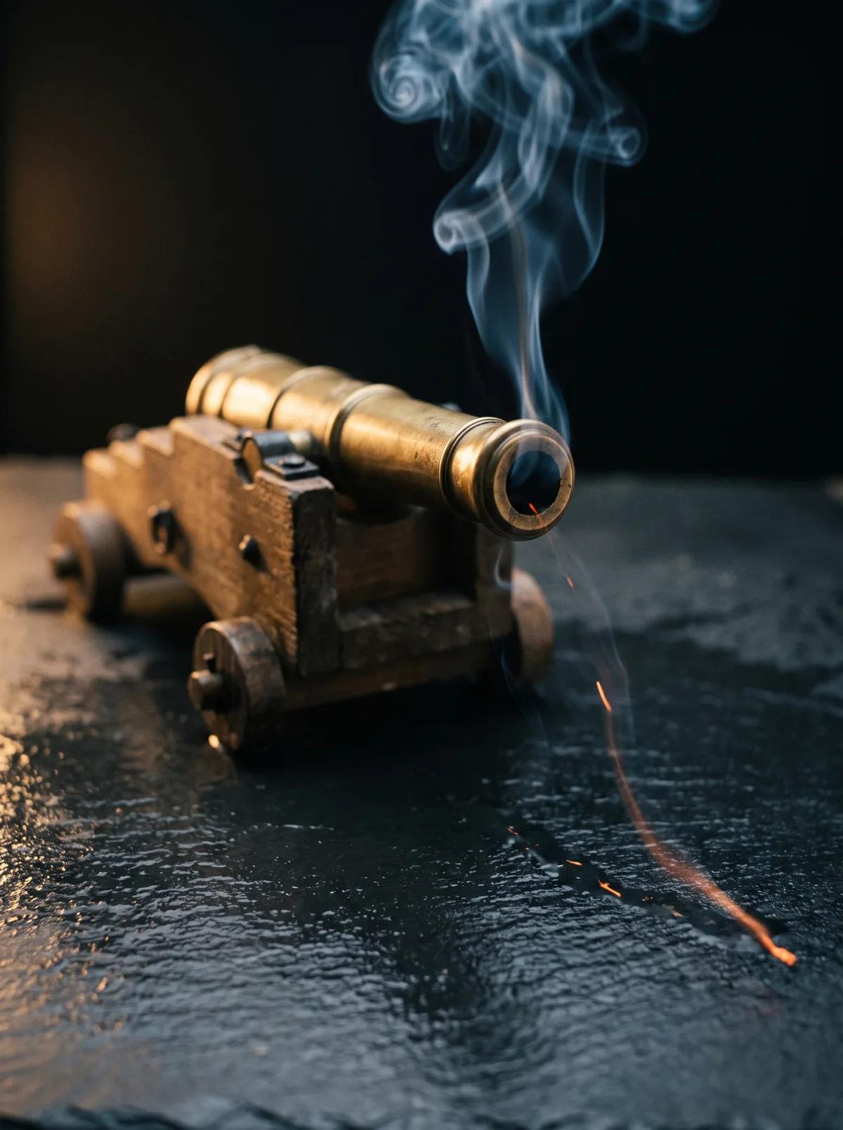 A small antique brass signal cannon on a wooden carriage against a black background, a curl of blue smoke rising from the muzzle and a line of orange embers on wet slate.