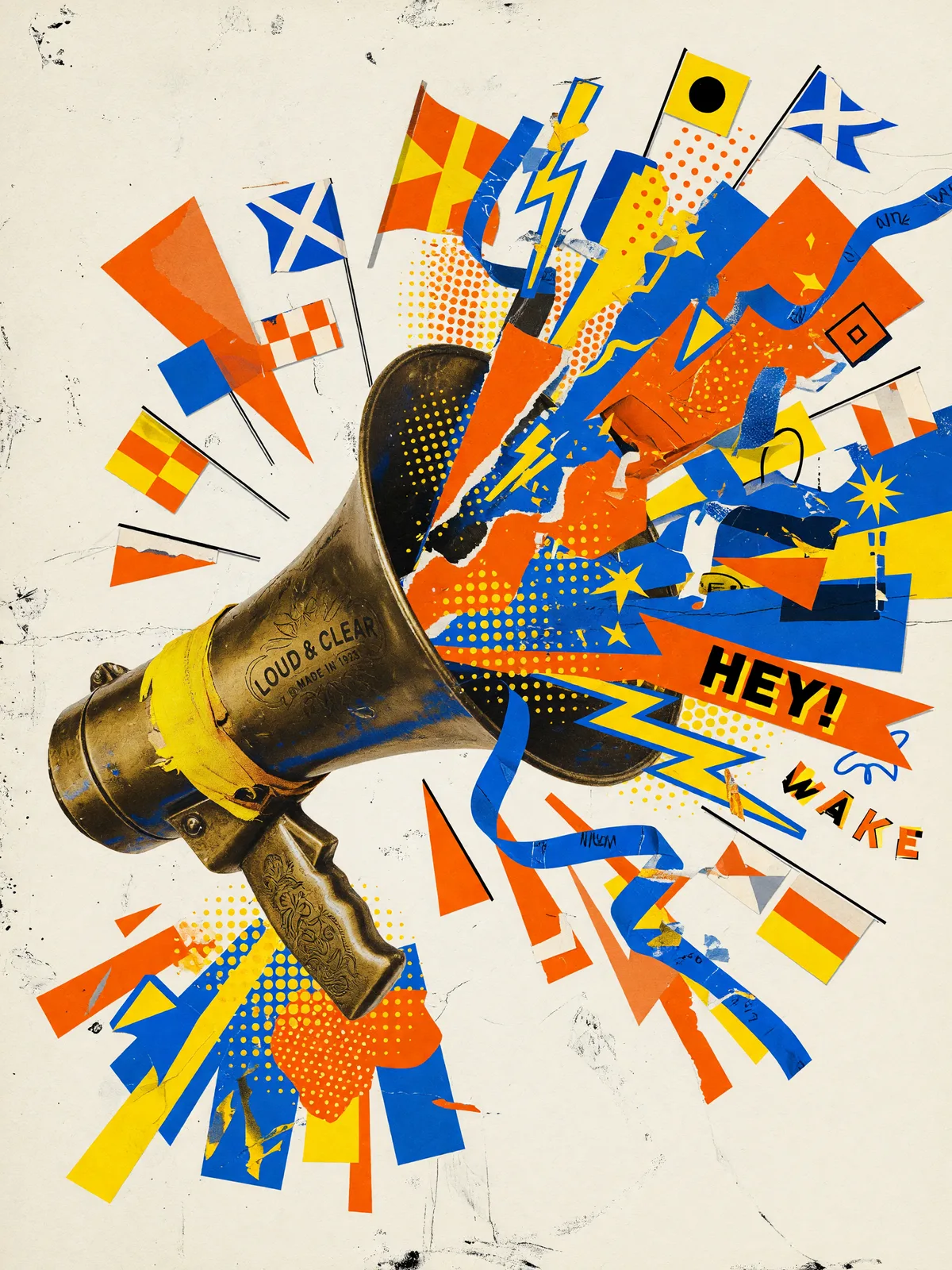 A collage-style illustration of a vintage brass megaphone labeled Loud and Clear, erupting with orange, blue, and yellow nautical signal flags and the word HEY!
