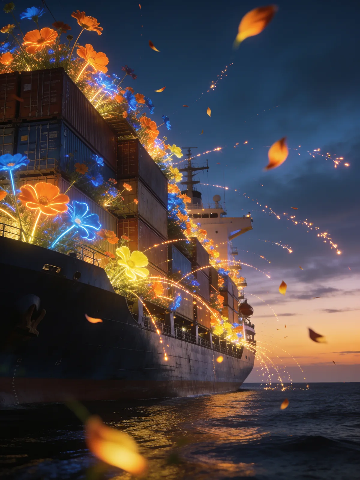 A surreal dusk scene of a cargo ship where neon orange, blue, and yellow flowers bloom from stacked shipping containers, sparks drifting into the sky.